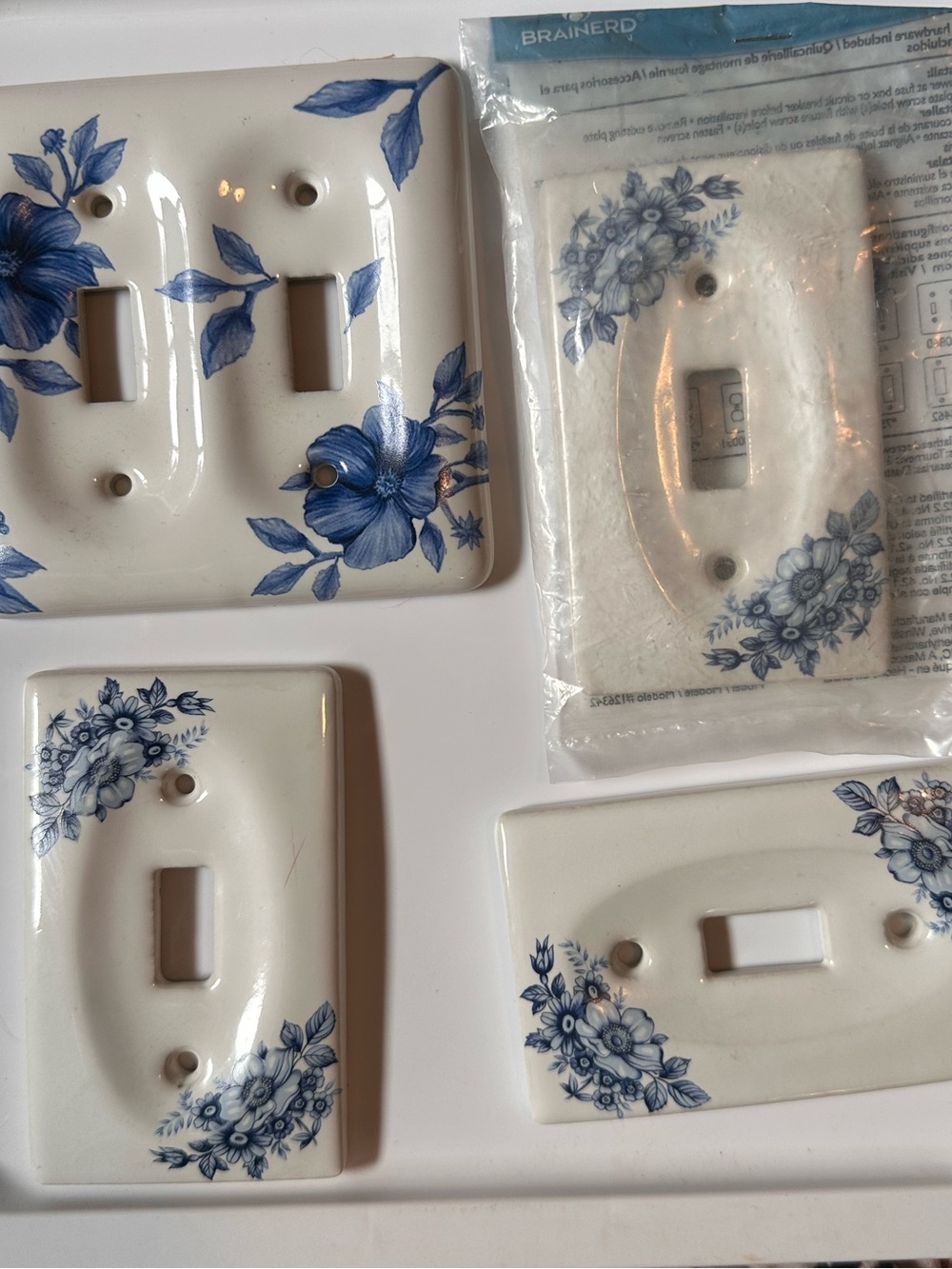 Brained Blue Floral Ceramic Switch Plate Covers - Set of 4